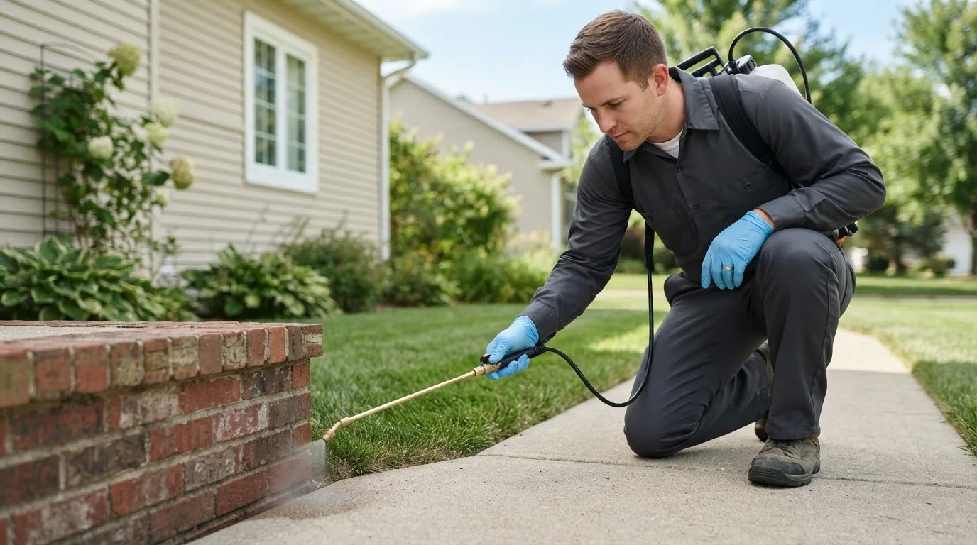 Pest control technician treating a home near Carthage, IN