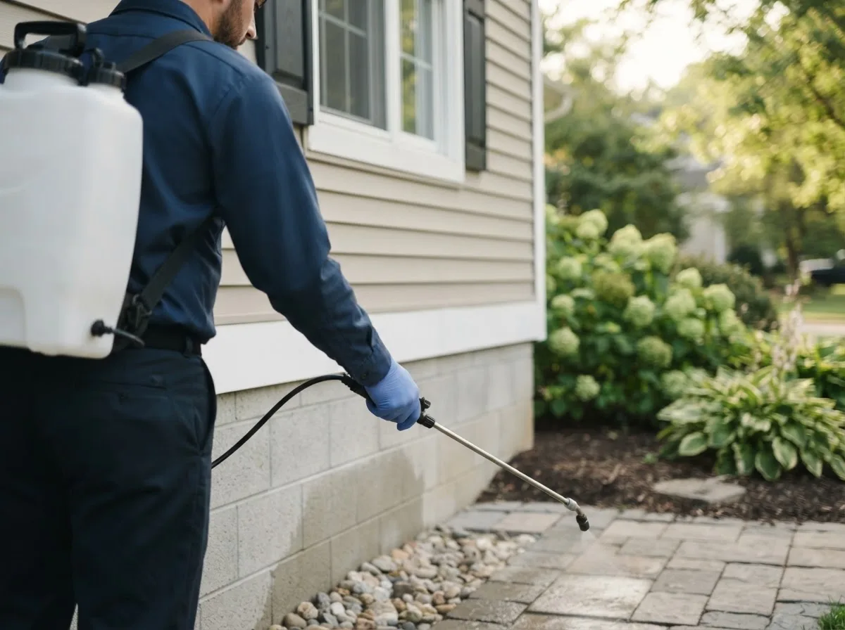 Pest control technician inspecting a home in Carthage, IN